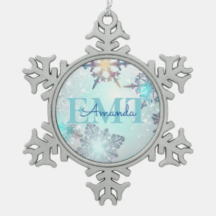 Cute EMT Ice Blue Snowflake Personalized Name  Pewter Christmas Ornament