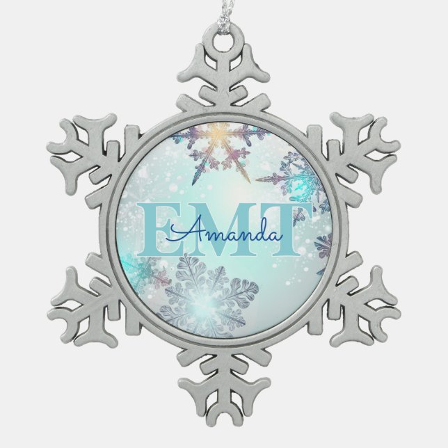 Cute EMT Ice Blue Snowflake Personalized Name  Snowflake Pewter Christmas Ornament (Front)
