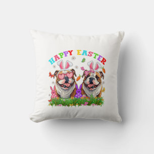 Cute English Bulldog Dog & Bunny Ears Eggs Happy E Cushion