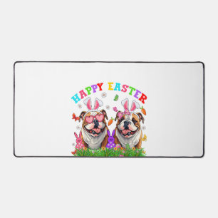 Cute English Bulldog Dog & Bunny Ears Eggs Happy E Desk Mat
