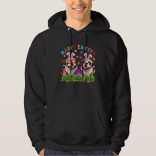 Cute English Bulldog Dog & Bunny Ears Eggs Happy E Hoodie