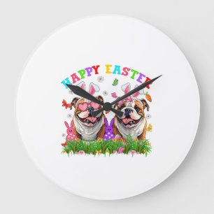 Cute English Bulldog Dog & Bunny Ears Eggs Happy E Large Clock