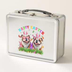 Cute English Bulldog Dog & Bunny Ears Eggs Happy E Metal Lunch Box