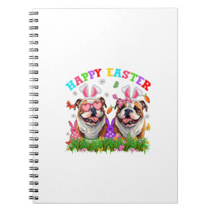 Cute English Bulldog Dog & Bunny Ears Eggs Happy E Notebook