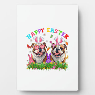 Cute English Bulldog Dog & Bunny Ears Eggs Happy E Plaque