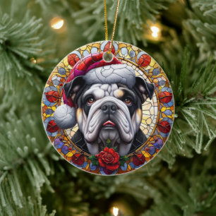 Cute English Bulldog Dog Christmas Ceramic Ornament