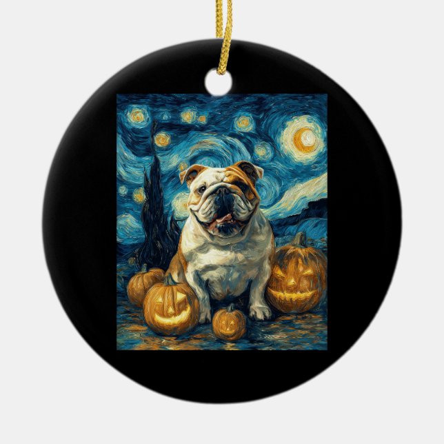 Cute English Bulldog Dog Halloween Jack O Lantern  Ceramic Ornament (Front)