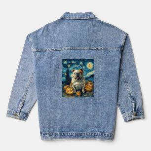 Cute English Bulldog Dog Halloween Jack O Lantern  Denim Jacket