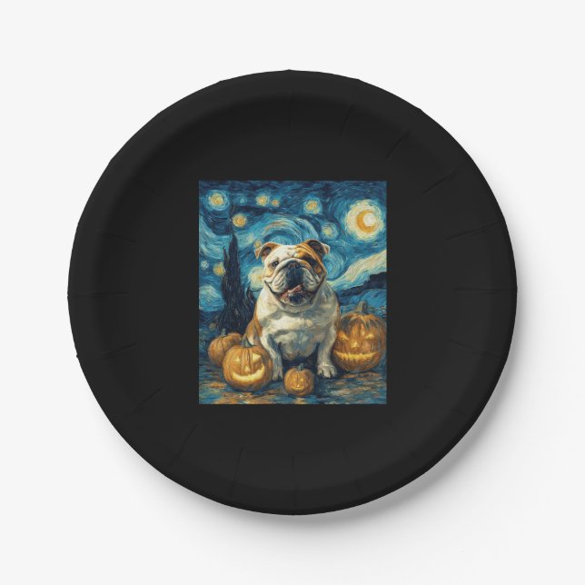 Cute English Bulldog Dog Halloween Jack O Lantern  Paper Plate (Front)