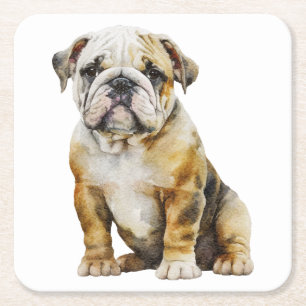 Cute English Bulldog Gifts Watercolor Puppy Dog Square Paper Coaster
