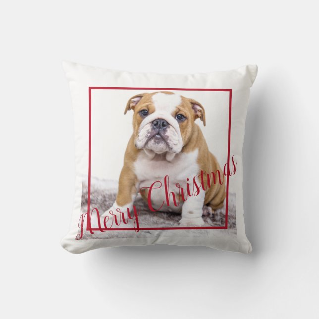 Cute English Bulldog Merry Christmas Holiday Photo Cushion (Front)