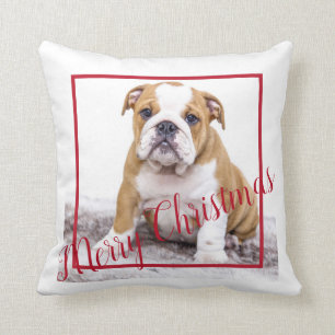 Cute English Bulldog Merry Christmas Holiday Photo Cushion