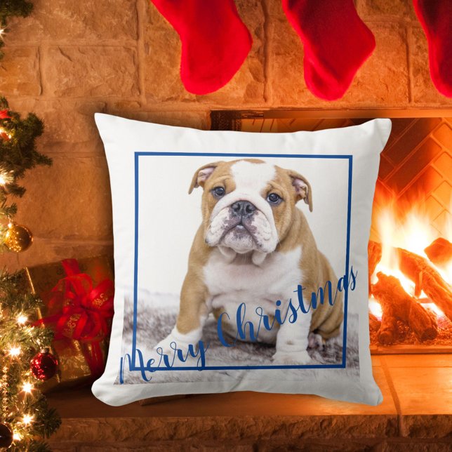 Cute English Bulldog Merry Christmas Holiday Photo Cushion (Creator Uploaded)