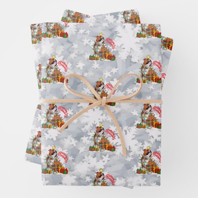Cute English Bulldog Merry Christmas Lights Gifts Wrapping Paper Sheet (In situ)