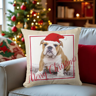 Cute English Bulldog Merry Christmas Photo Cushion