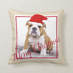 Cute English Bulldog Merry Christmas Photo Cushion