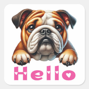Cute English Bulldog Puppy Dog Hello Square Sticker
