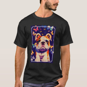Cute English Bulldog Puppy Surrounded By Butterfli T-Shirt