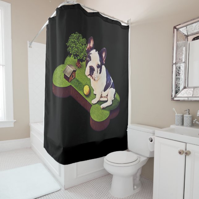 Cute English Bulldog Tennis Ball Shower Curtain (In Situ)