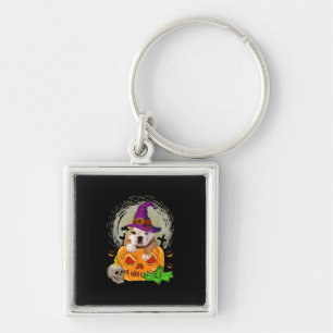 Cute English Bulldog Witch Pumpkin Halloween Dog Key Ring