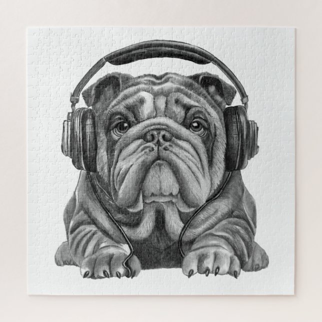 Cute english bulldog with headphones jigsaw puzzle (Vertical)