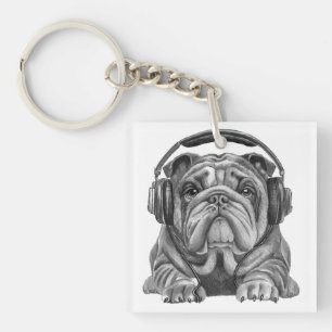 Cute english bulldog with headphones key ring