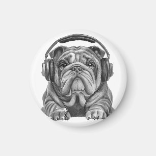 Cute english bulldog with headphones magnet