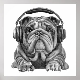 Cute english bulldog with headphones poster