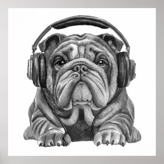 Cute english bulldog with headphones poster