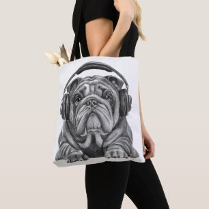 Cute english bulldog with headphones tote bag