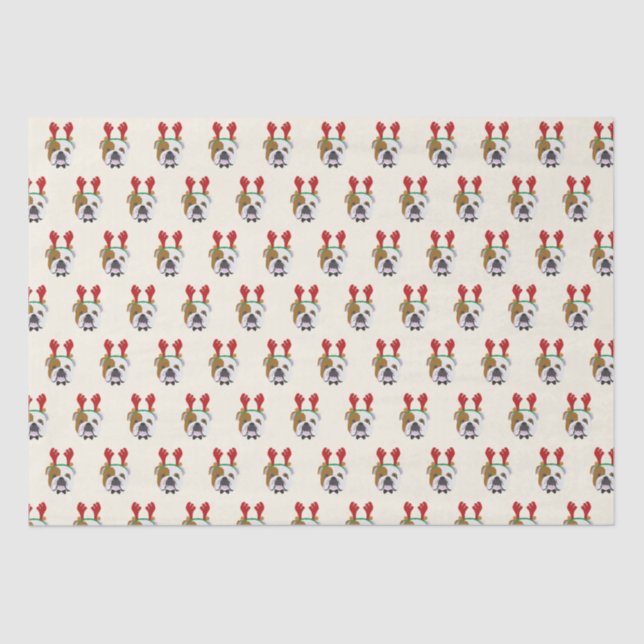 Cute English Bulldog with Reindeer Hat - Christmas Tissue Paper (Front)