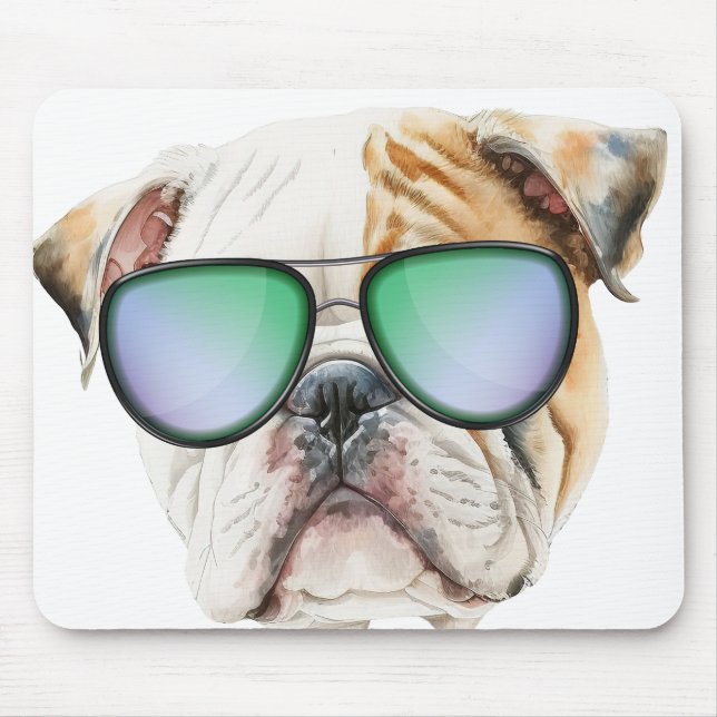 Cute english bulldog with sunglasses, Funny puppy Mouse Pad (Front)
