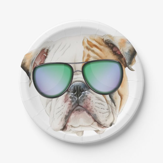 Cute english bulldog with sunglasses, Funny puppy Paper Plate (Front)