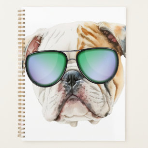 Cute english bulldog with sunglasses, Funny puppy Planner