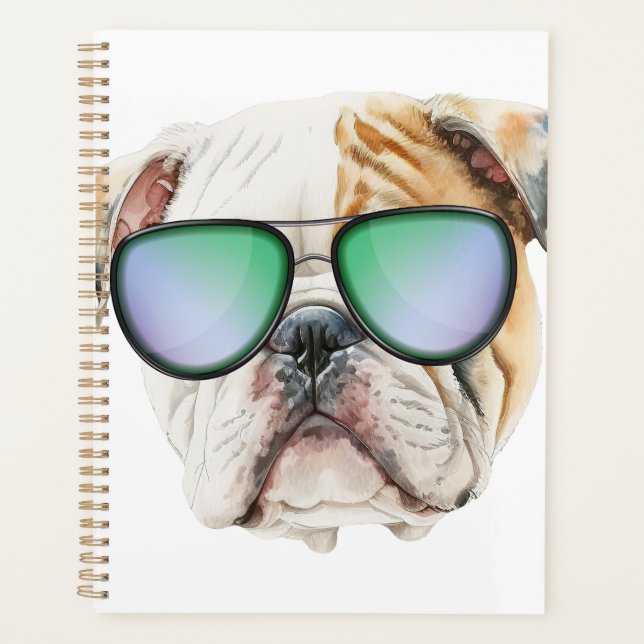 Cute english bulldog with sunglasses, Funny puppy Planner (Front)