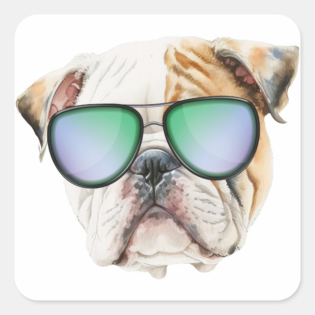 Cute english bulldog with sunglasses, Funny puppy  Square Sticker (Front)