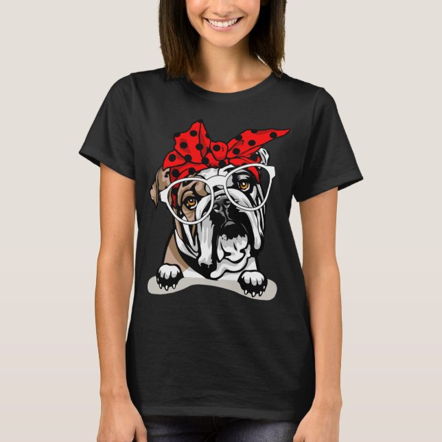 Cute English Bulldog Xmas Red Plaid Headband And G T-Shirt (Front)