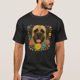 Cute English Mastiff in Colourful Flowers Dog Mum T-Shirt