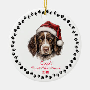 Cute English Springer Spaniel Dog Santa Hat Paw Ceramic Ornament