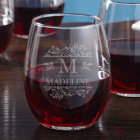 Cute Engraved Name & Monogram Stemless Wine Glass
