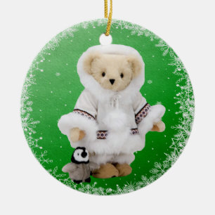 Cute Eskimo Teddy Bear & Penguin Ornament