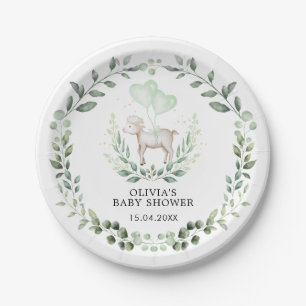 Cute Eucalyptus Little Lamb & Balloons Baby Shower Paper Plate