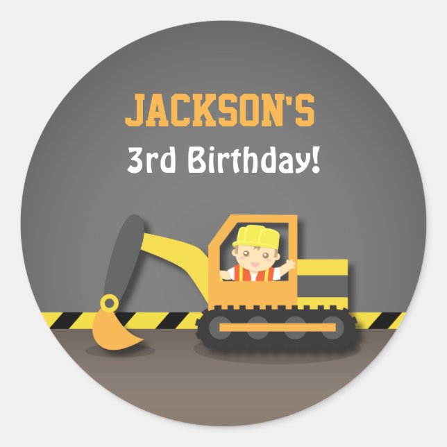 Cute Excavator Construction Birthday Party Labels (Front)