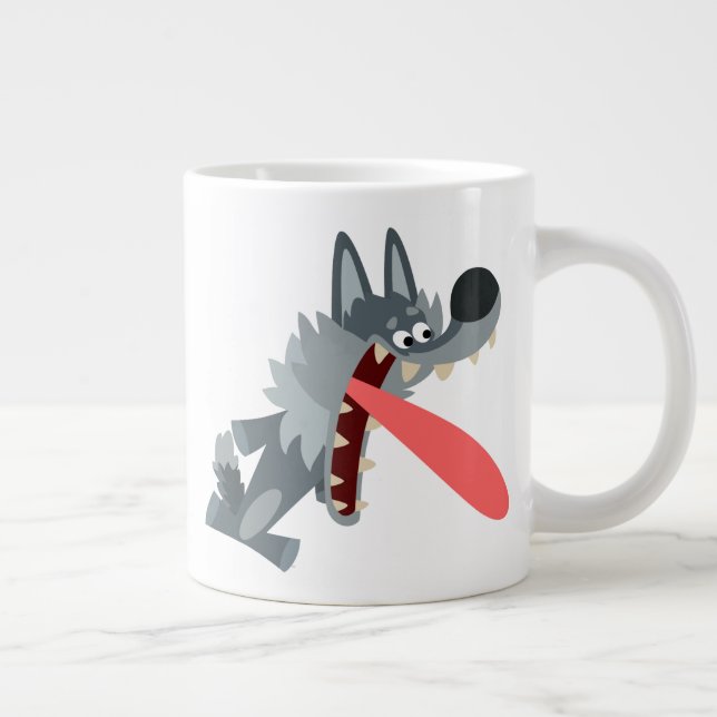 Cute Excited Cartoon Wolf Large Coffee Mug (Right)