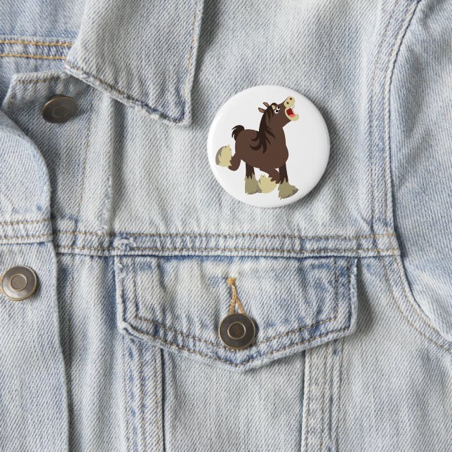 Cute Exuberant Cartoon Shire Horse Button Badge (In Situ)
