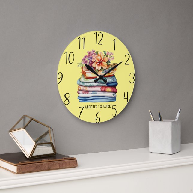 cute fabric addict add text sewing room large clock (Office)