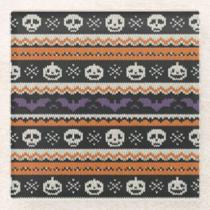 Cute, fair isle/colorwork Halloween skull & bats Glass Coaster