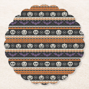 Cute, fair isle/colorwork Halloween skull & bats Paper Coaster