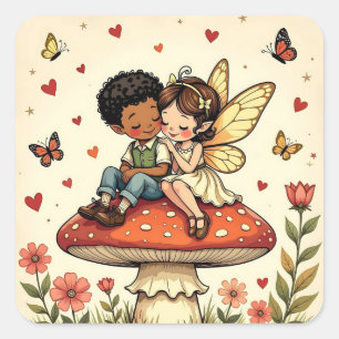 Cute Fairies on Retro Mushrooms Vintage Square Sticker