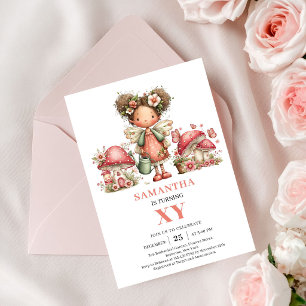Cute Fairy 5th Birthday Pink Mushroom Invitation